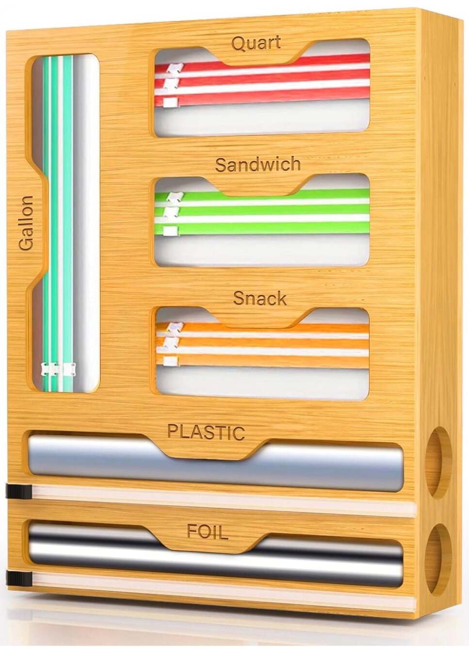 KOCWELL 6-in-1 Bamboo Bag Storage Organizer and Dispenser with Foil/Plastic Wrap
